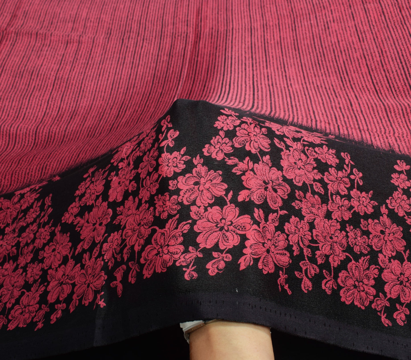 Sushila Vintage Pink Black Saree Pure Silk Printed Floral Sari Soft Craft Fabric