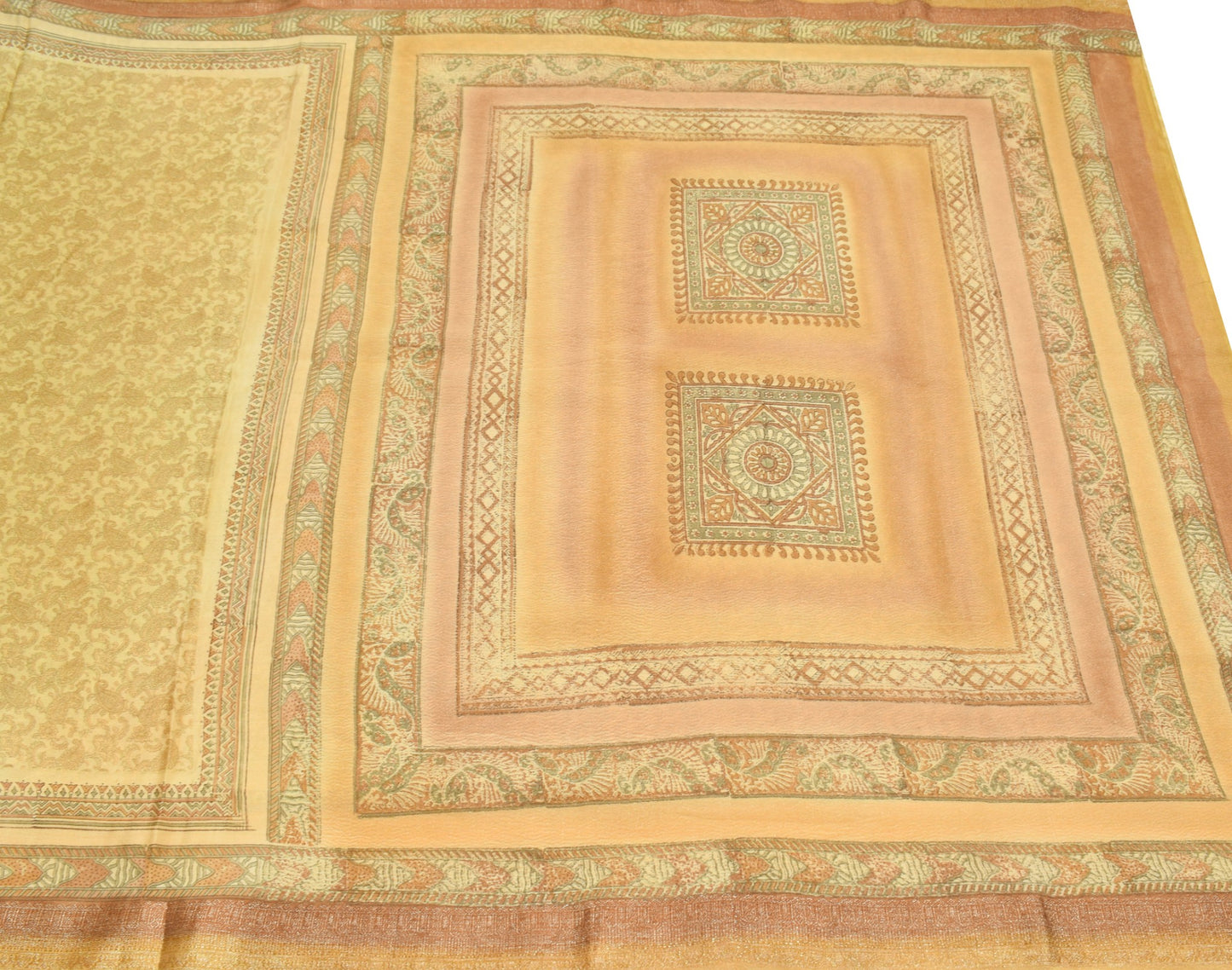 Sushila Vintage Cream Saree Pure Silk Hand Block Printed Paisley Soft Fabric
