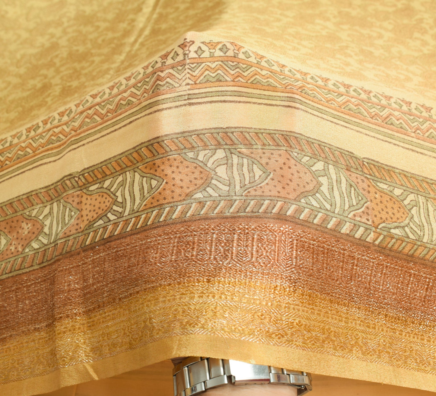 Sushila Vintage Cream Saree Pure Silk Hand Block Printed Paisley Soft Fabric