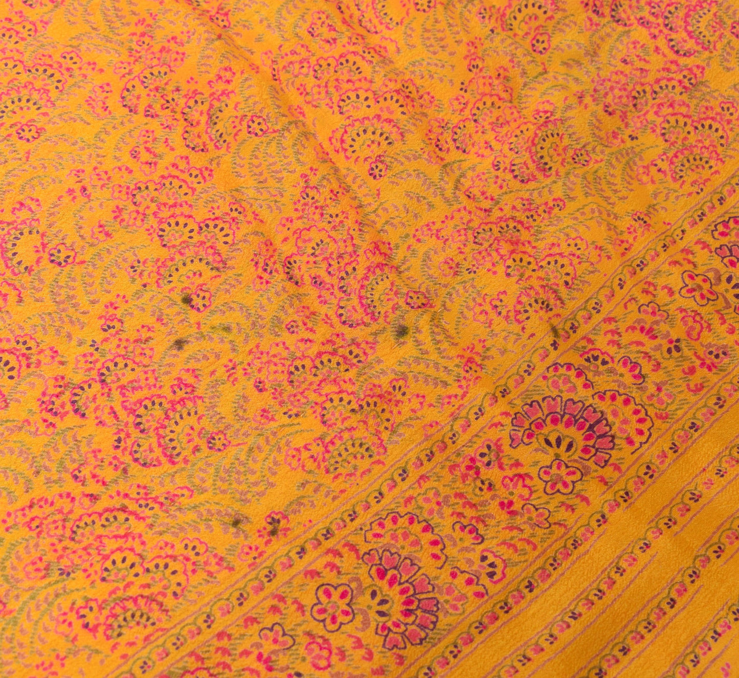 Sushila Vintage Magenta Yellow Saree Floral Pure Silk Printed Soft Craft Fabric