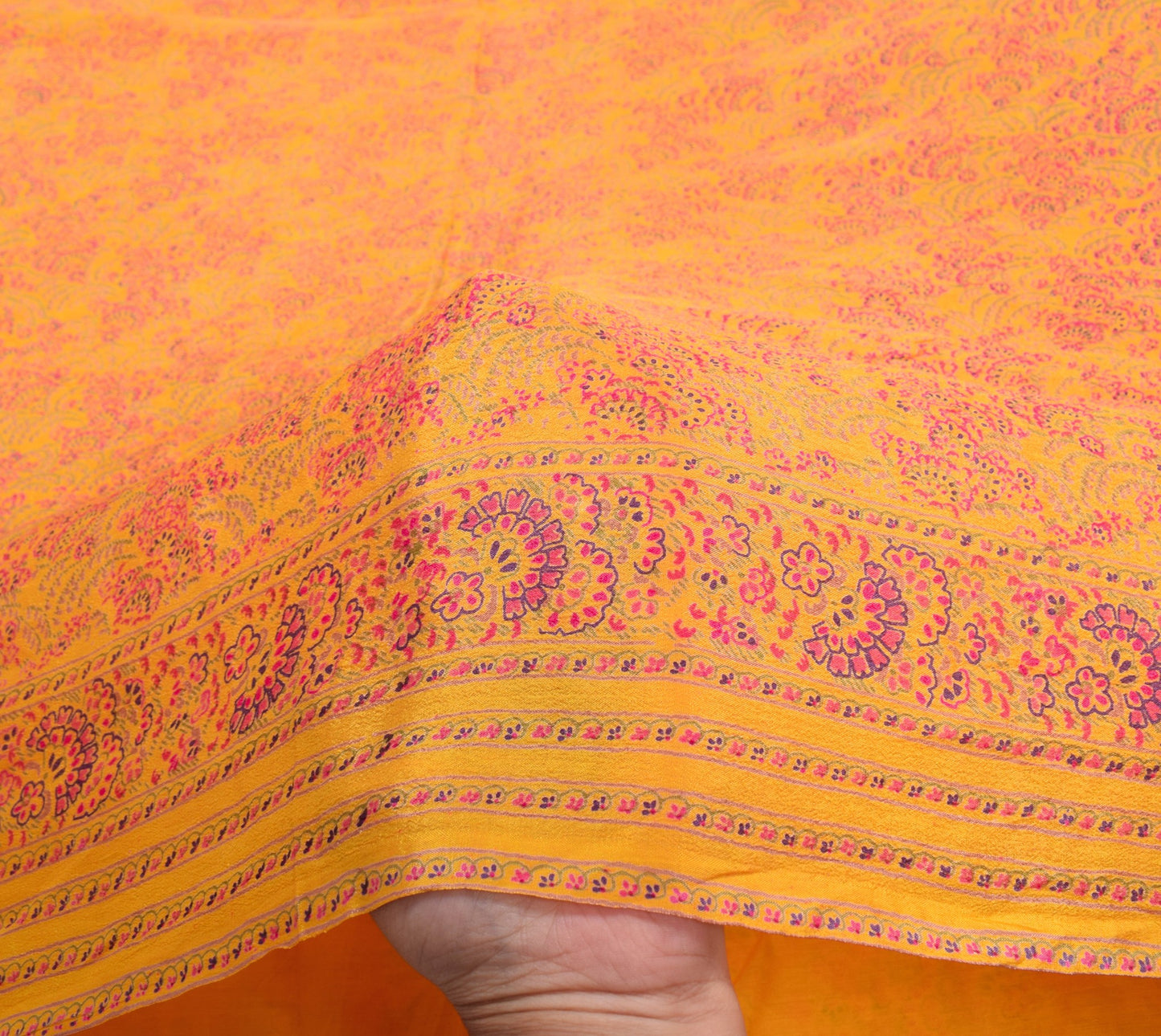 Sushila Vintage Magenta Yellow Saree Floral Pure Silk Printed Soft Craft Fabric
