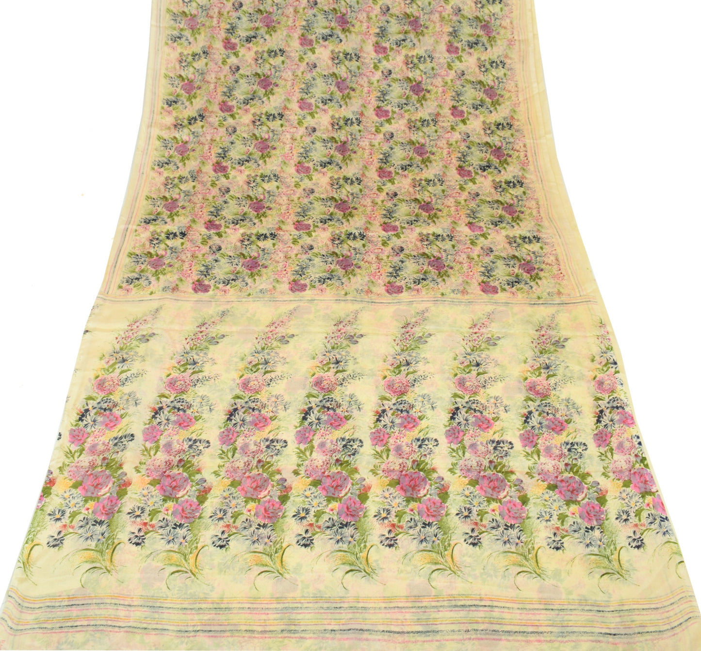 Sushila Vintage 6Yard Saree 100%Pure Silk Printed Floral Cream Soft Craft Fabric