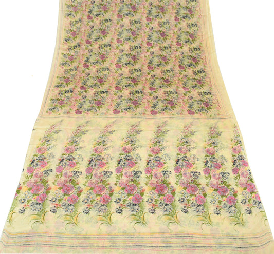 Sushila Vintage 6Yard Saree 100%Pure Silk Printed Floral Cream Soft Craft Fabric