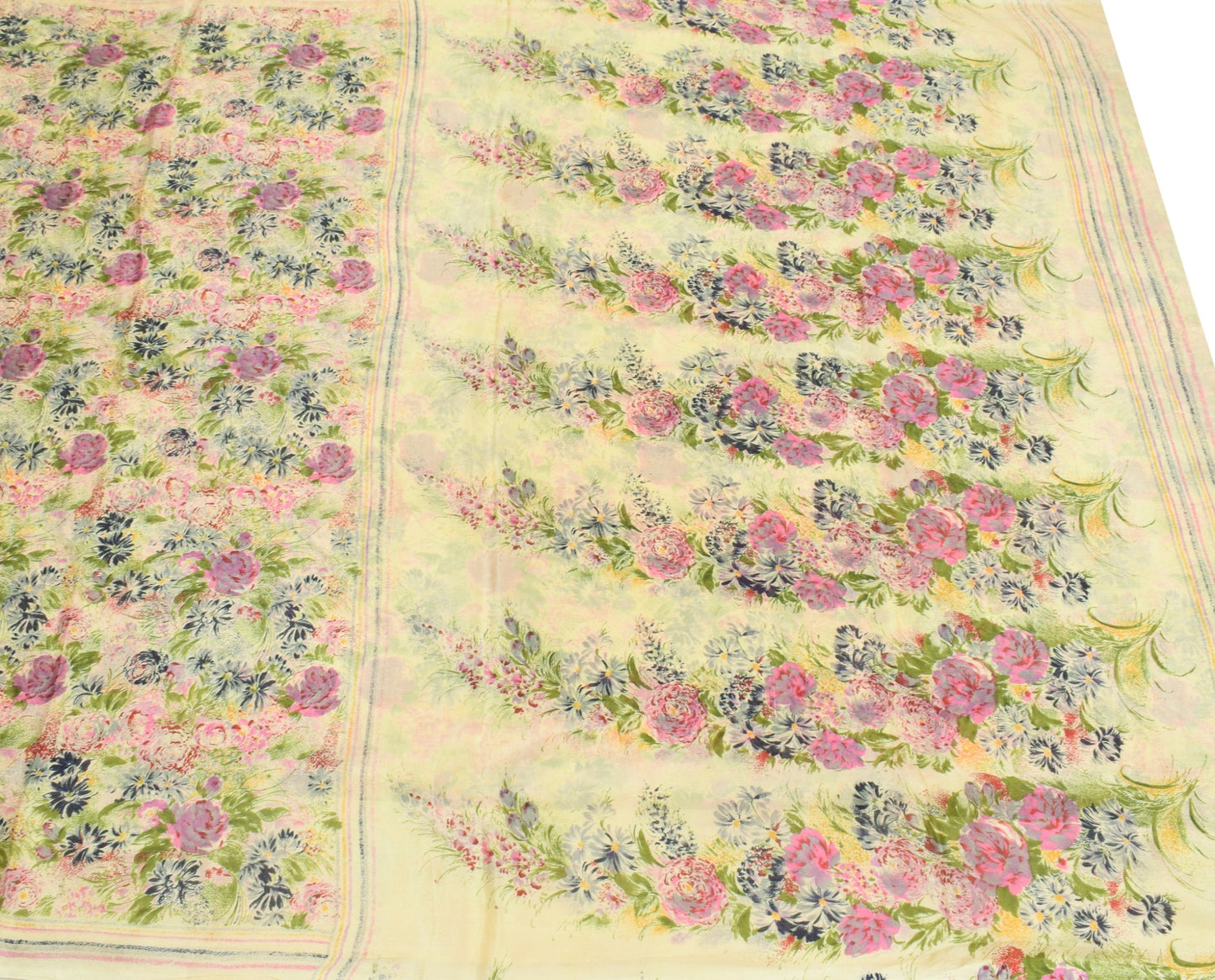 Sushila Vintage 6Yard Saree 100%Pure Silk Printed Floral Cream Soft Craft Fabric