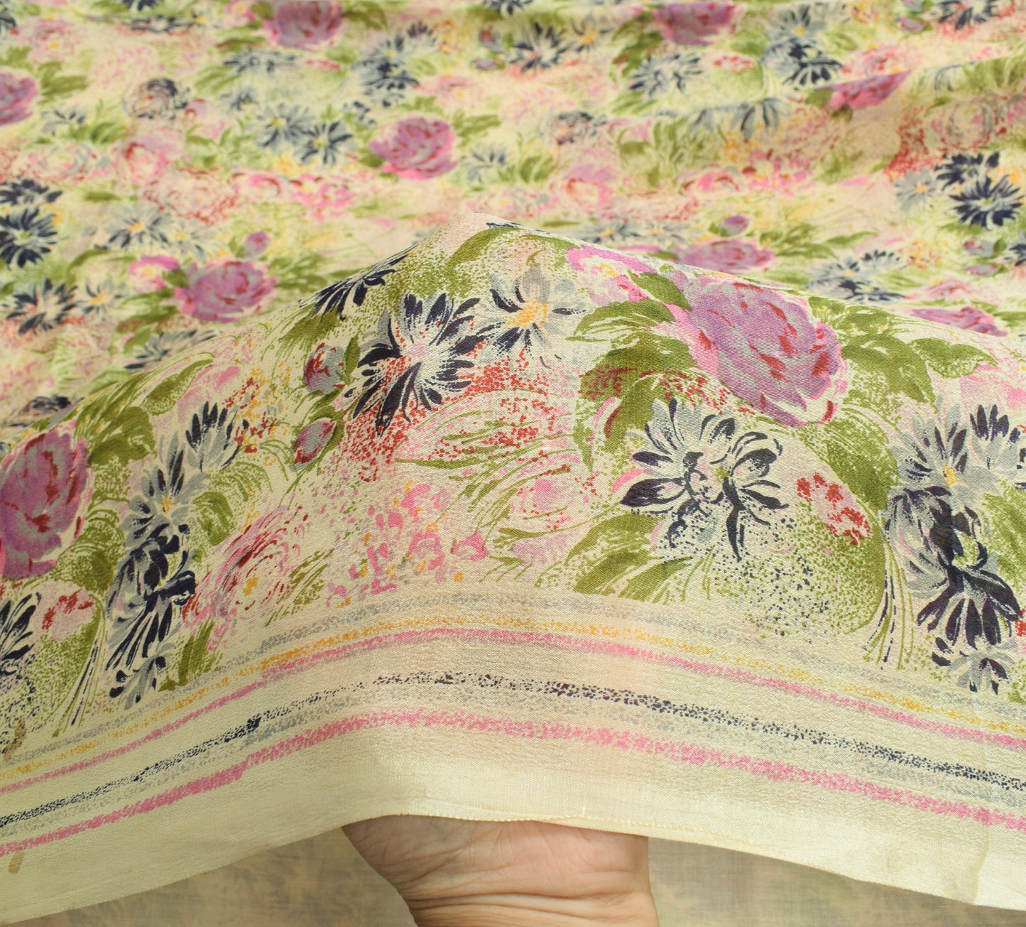 Sushila Vintage 6Yard Saree 100%Pure Silk Printed Floral Cream Soft Craft Fabric