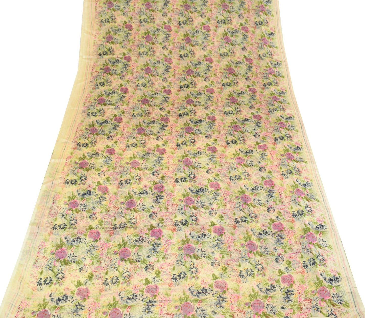 Sushila Vintage 6Yard Saree 100%Pure Silk Printed Floral Cream Soft Craft Fabric