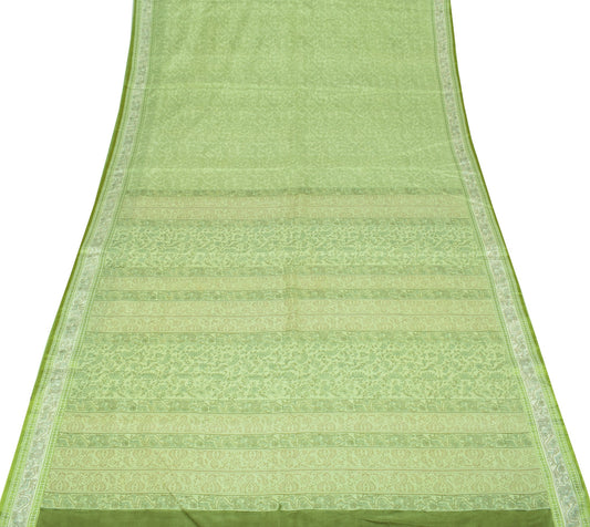 Sushila Vintage Paisley Green Saree Pure Silk Hand Block Printed 6YD Soft Fabric