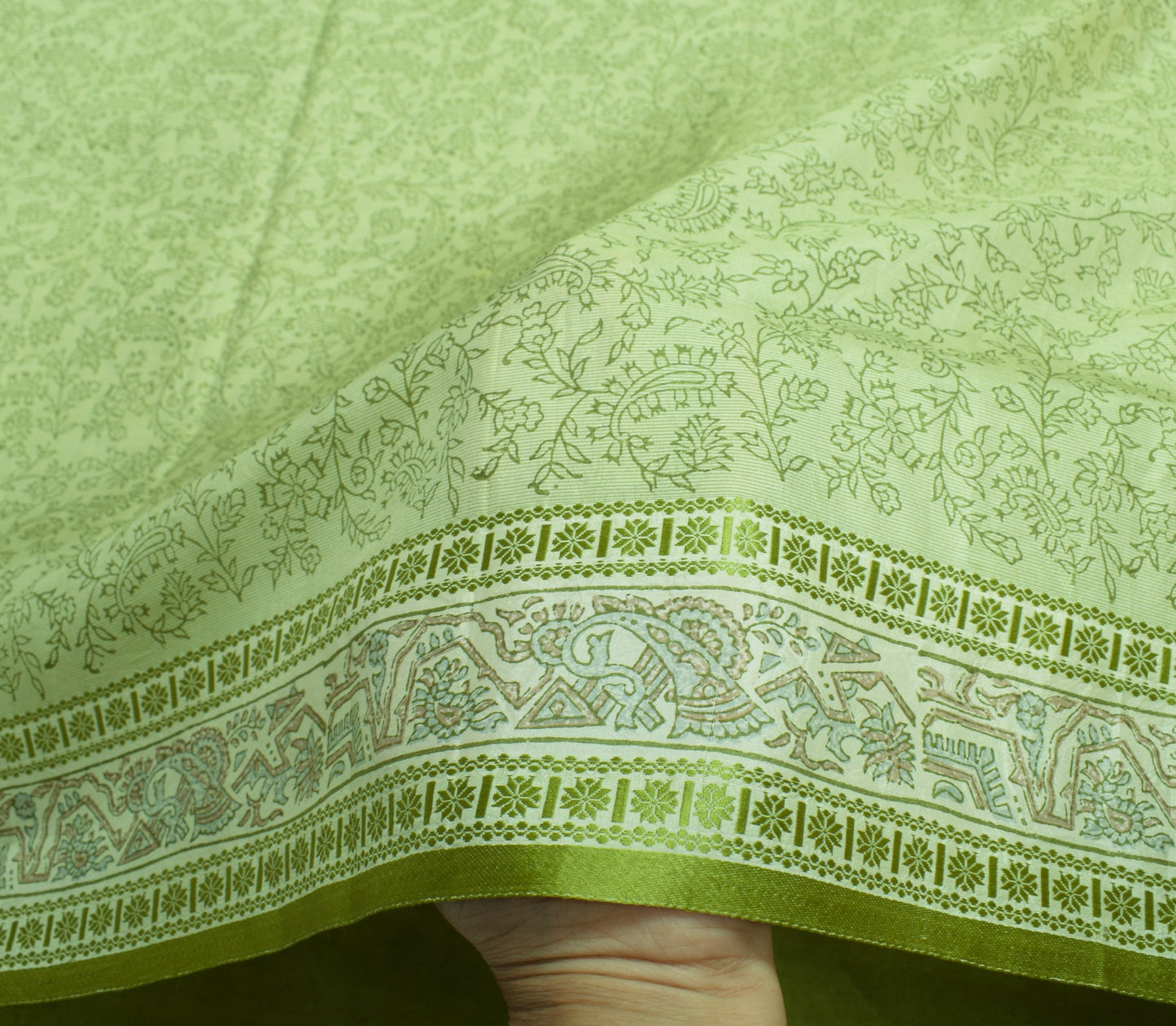 Sushila Vintage Paisley Green Saree Pure Silk Hand Block Printed 6YD Soft Fabric