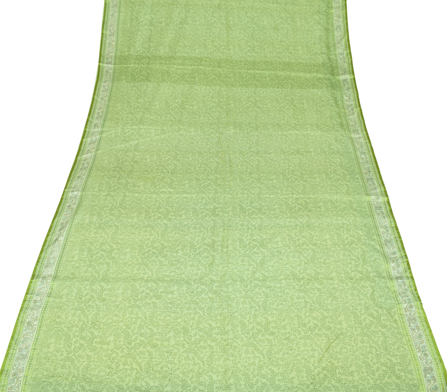 Sushila Vintage Paisley Green Saree Pure Silk Hand Block Printed 6YD Soft Fabric