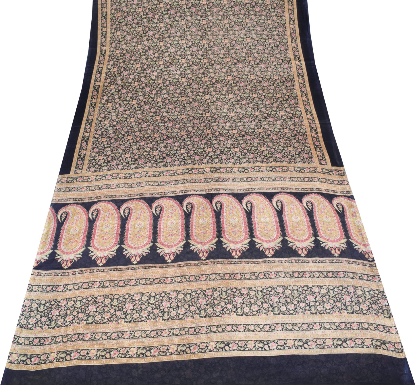 Sushila Vintage Dark Blue Saree 100% Pure Silk Printed Floral Soft Craft Fabric