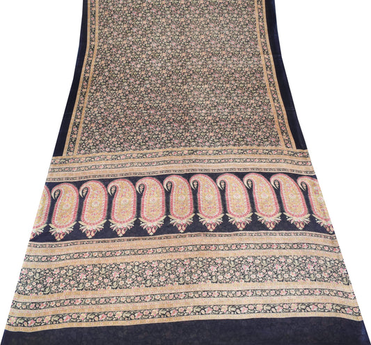 Sushila Vintage Dark Blue Saree 100% Pure Silk Printed Floral Soft Craft Fabric