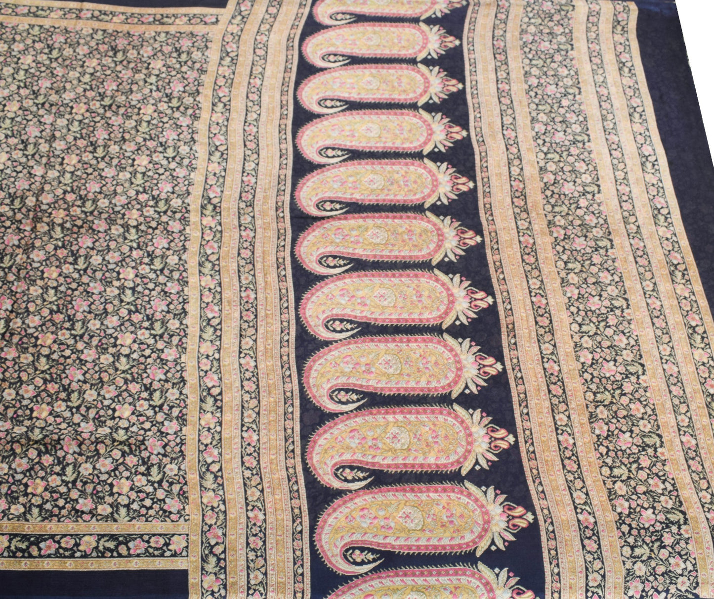 Sushila Vintage Dark Blue Saree 100% Pure Silk Printed Floral Soft Craft Fabric