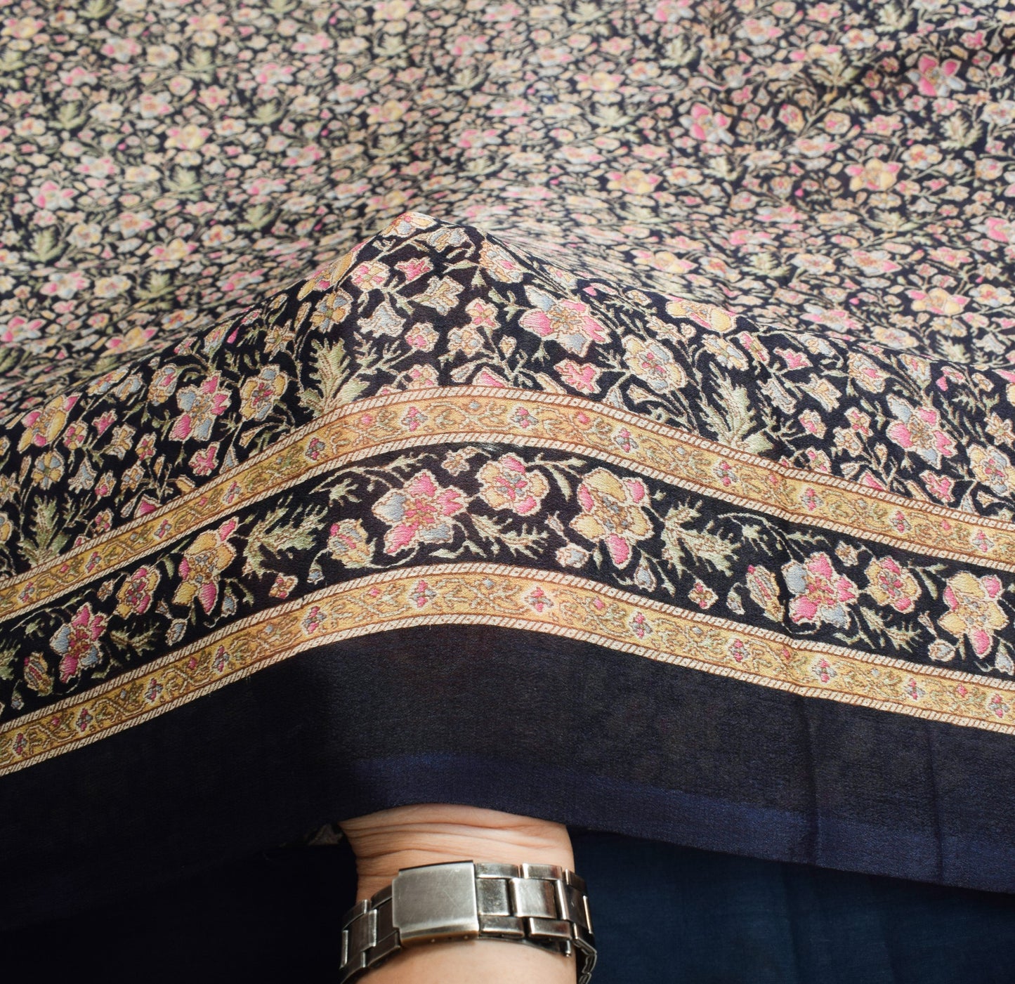 Sushila Vintage Dark Blue Saree 100% Pure Silk Printed Floral Soft Craft Fabric