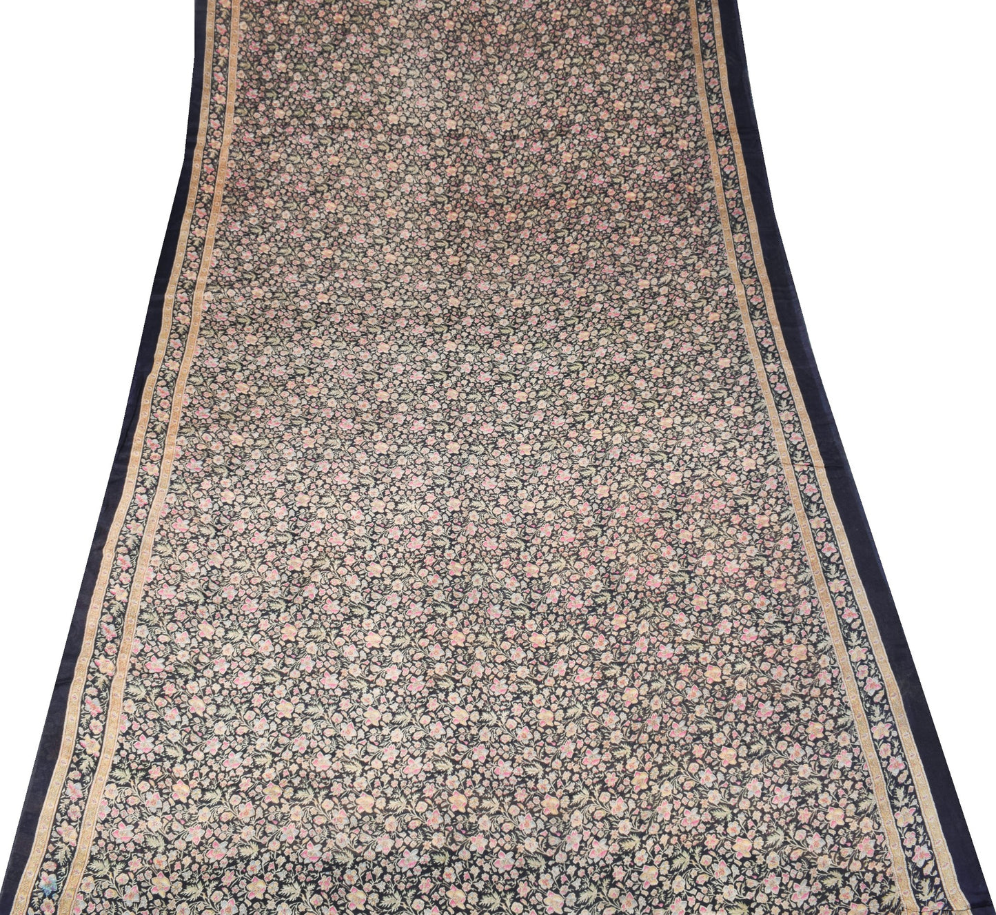 Sushila Vintage Dark Blue Saree 100% Pure Silk Printed Floral Soft Craft Fabric