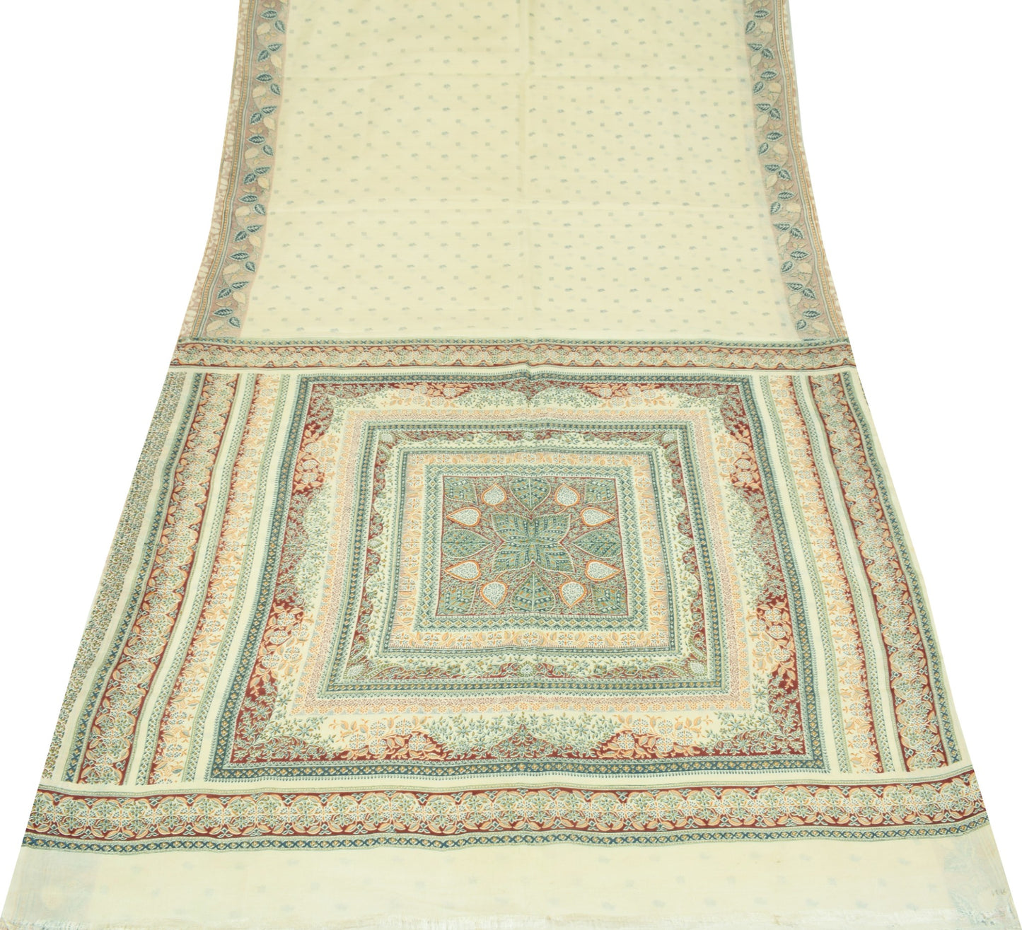 Sushila Vintage Cream Saree Pure Silk Printed Hand Block Floral 5YD Craft Fabric