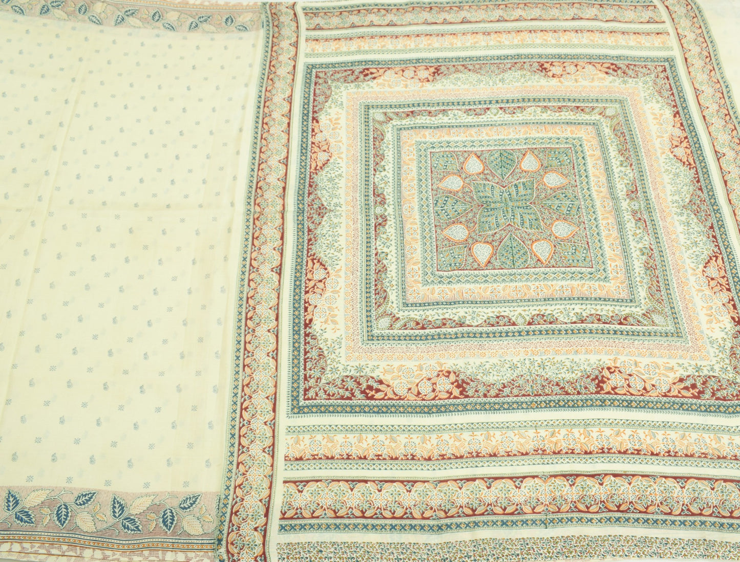 Sushila Vintage Cream Saree Pure Silk Printed Hand Block Floral 5YD Craft Fabric