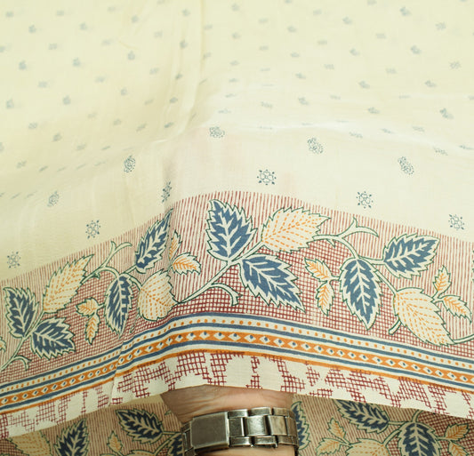 Sushila Vintage Cream Saree Pure Silk Printed Hand Block Floral 5YD Craft Fabric