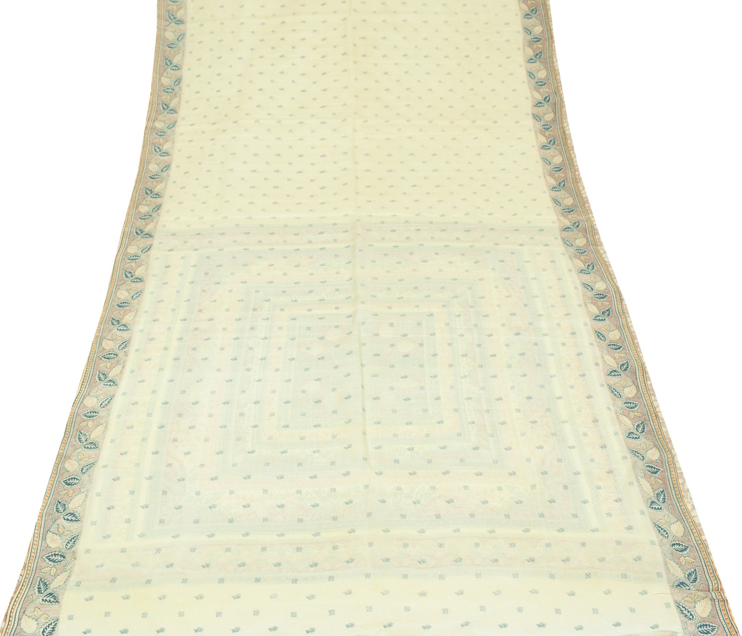 Sushila Vintage Cream Saree Pure Silk Printed Hand Block Floral 5YD Craft Fabric