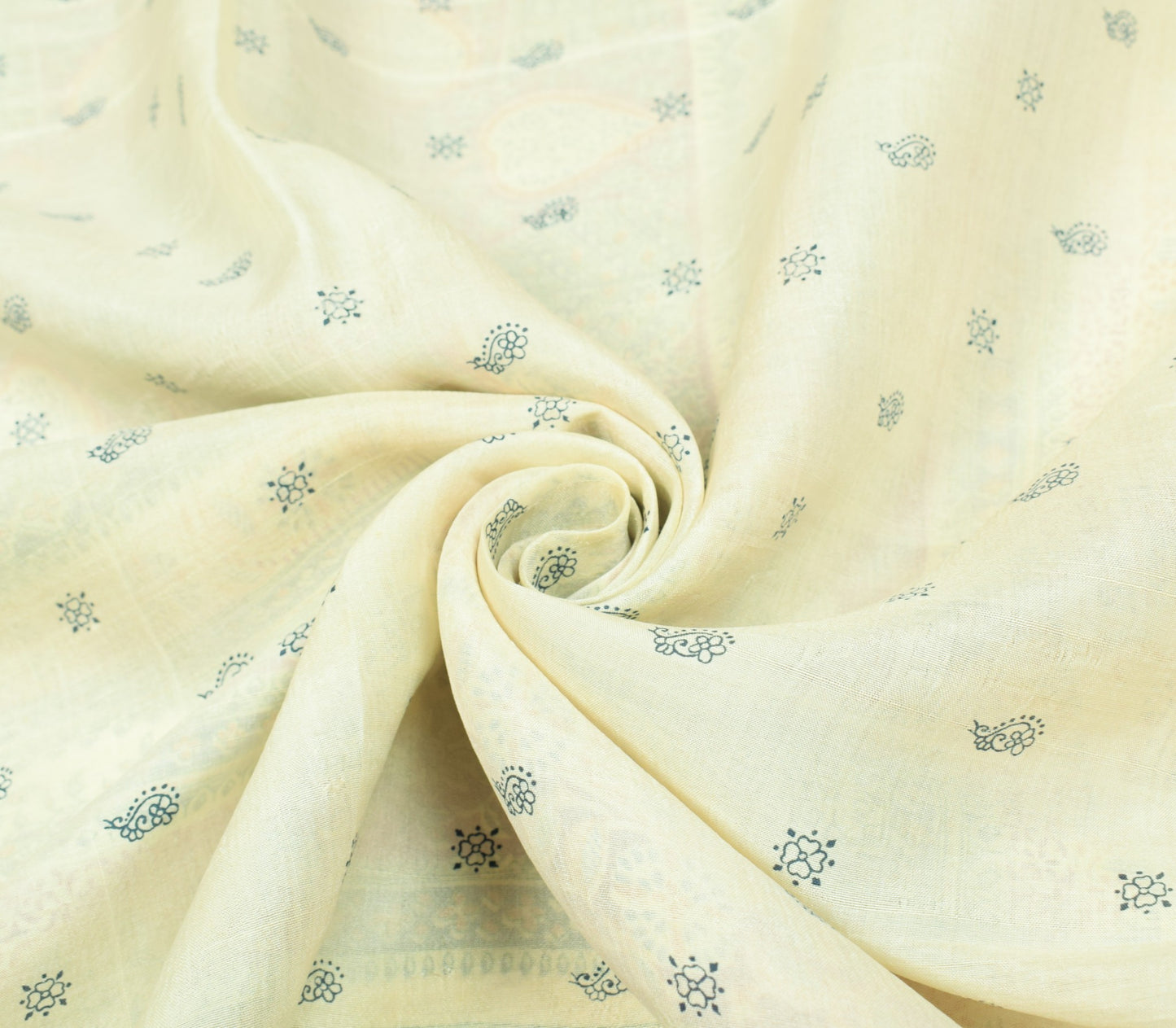 Sushila Vintage Cream Saree Pure Silk Printed Hand Block Floral 5YD Craft Fabric