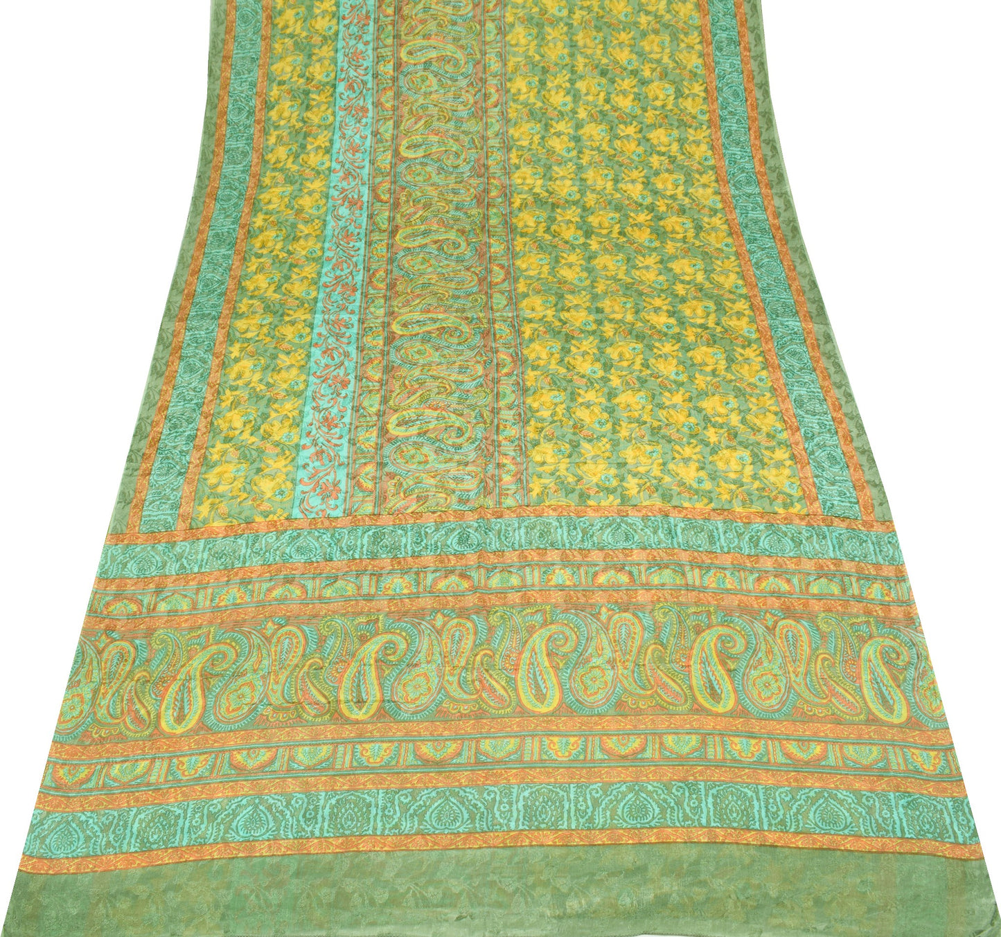 Sushila Vintage Yellow Green Saree Pure Chiffon Silk Printed Soft Craft Fabric