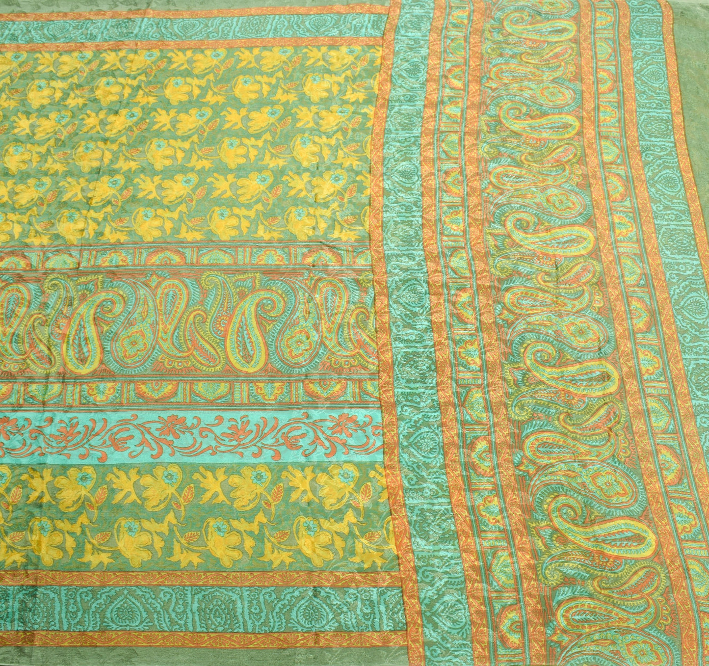 Sushila Vintage Yellow Green Saree Pure Chiffon Silk Printed Soft Craft Fabric