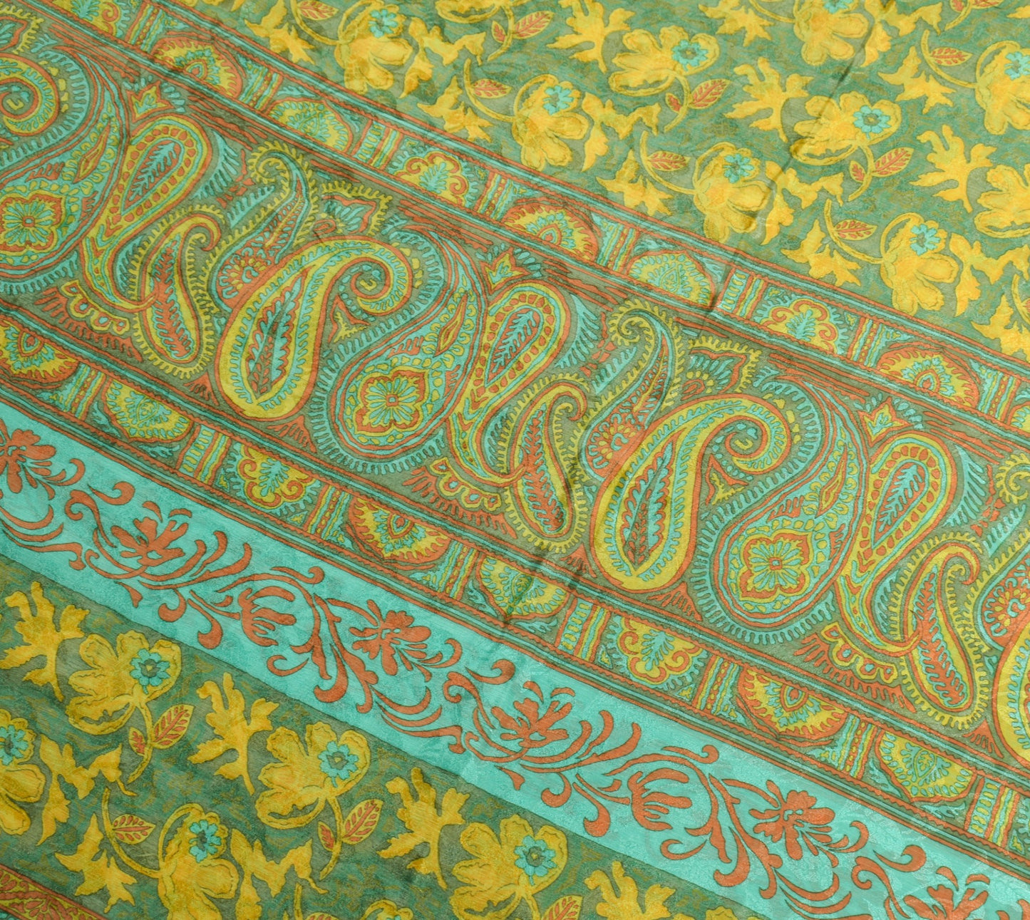 Sushila Vintage Yellow Green Saree Pure Chiffon Silk Printed Soft Craft Fabric