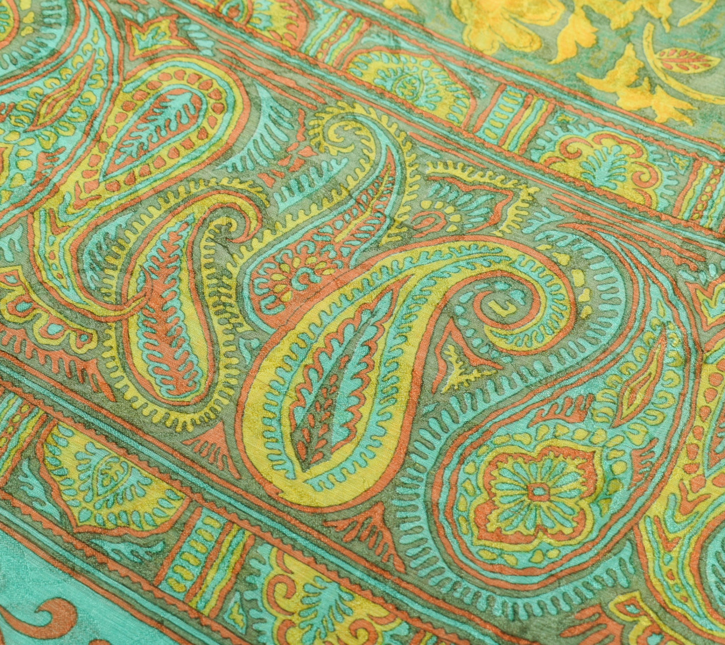 Sushila Vintage Yellow Green Saree Pure Chiffon Silk Printed Soft Craft Fabric