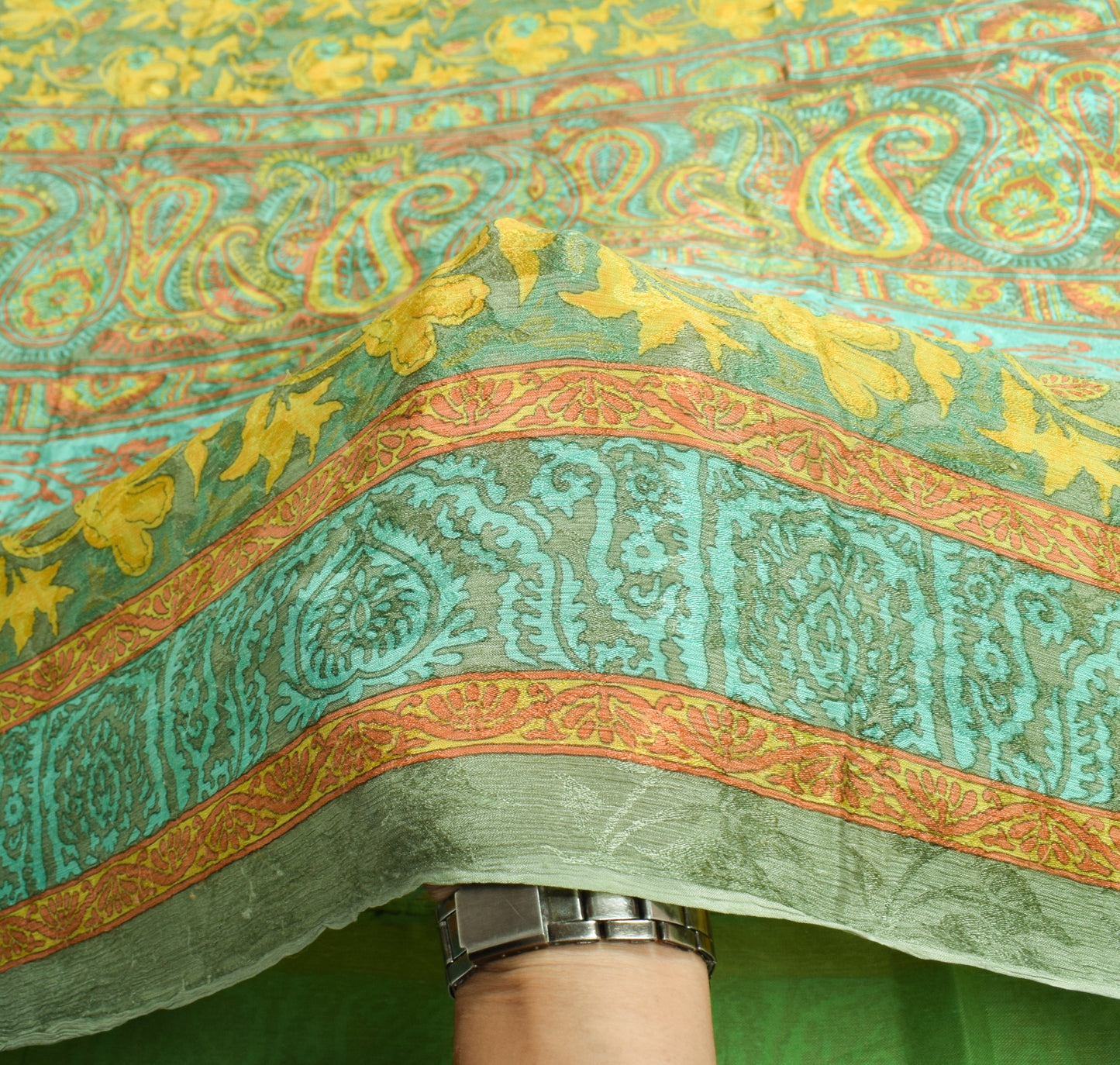 Sushila Vintage Yellow Green Saree Pure Chiffon Silk Printed Soft Craft Fabric