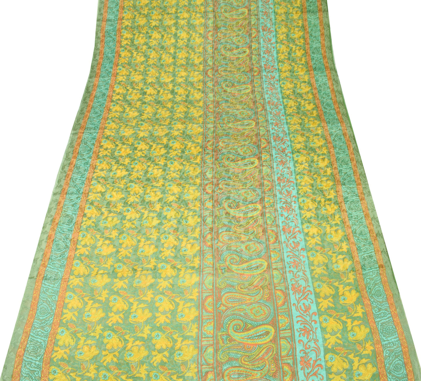 Sushila Vintage Yellow Green Saree Pure Chiffon Silk Printed Soft Craft Fabric