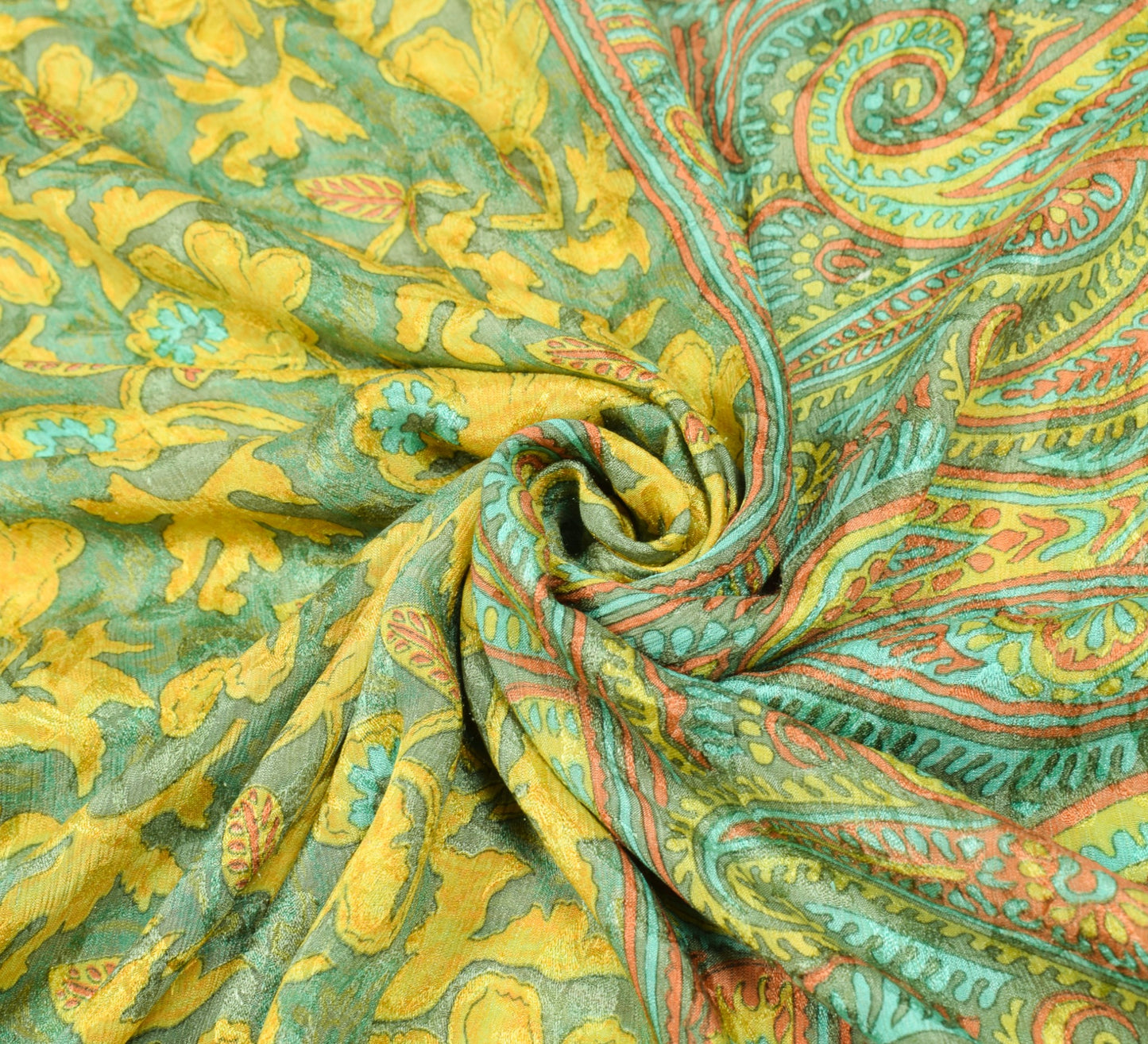 Sushila Vintage Yellow Green Saree Pure Chiffon Silk Printed Soft Craft Fabric