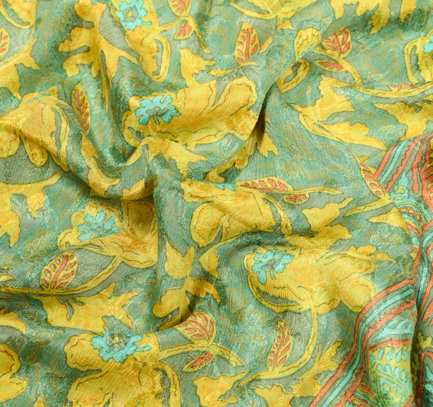 Sushila Vintage Yellow Green Saree Pure Chiffon Silk Printed Soft Craft Fabric