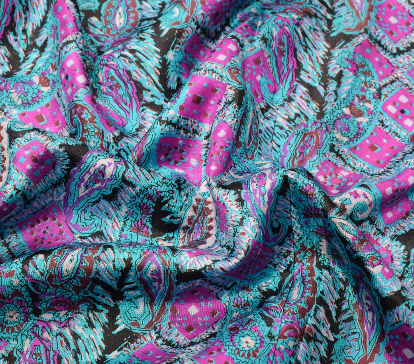 Sushila Vintage Turquoise Blue Saree Pure Silk Printed Paisley Soft Craft Fabric