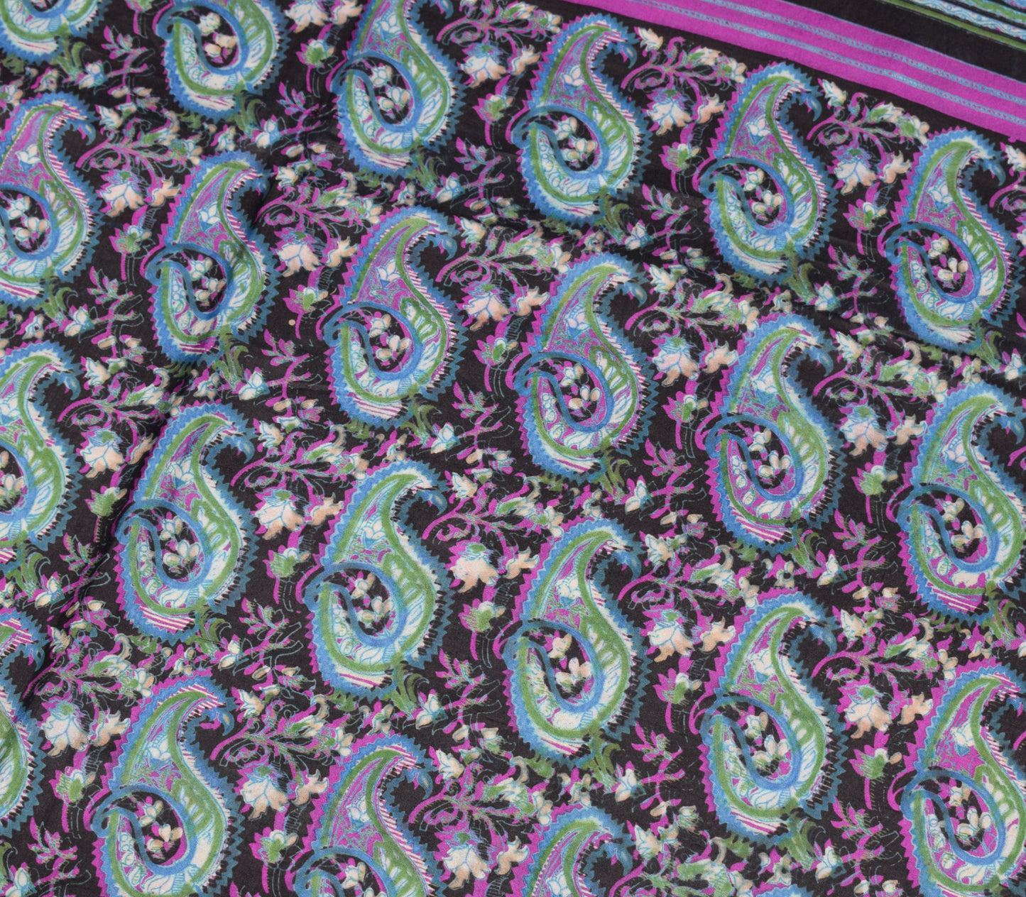 Sushila Vintage Turquoise Blue Saree Pure Silk Printed Paisley Soft Craft Fabric