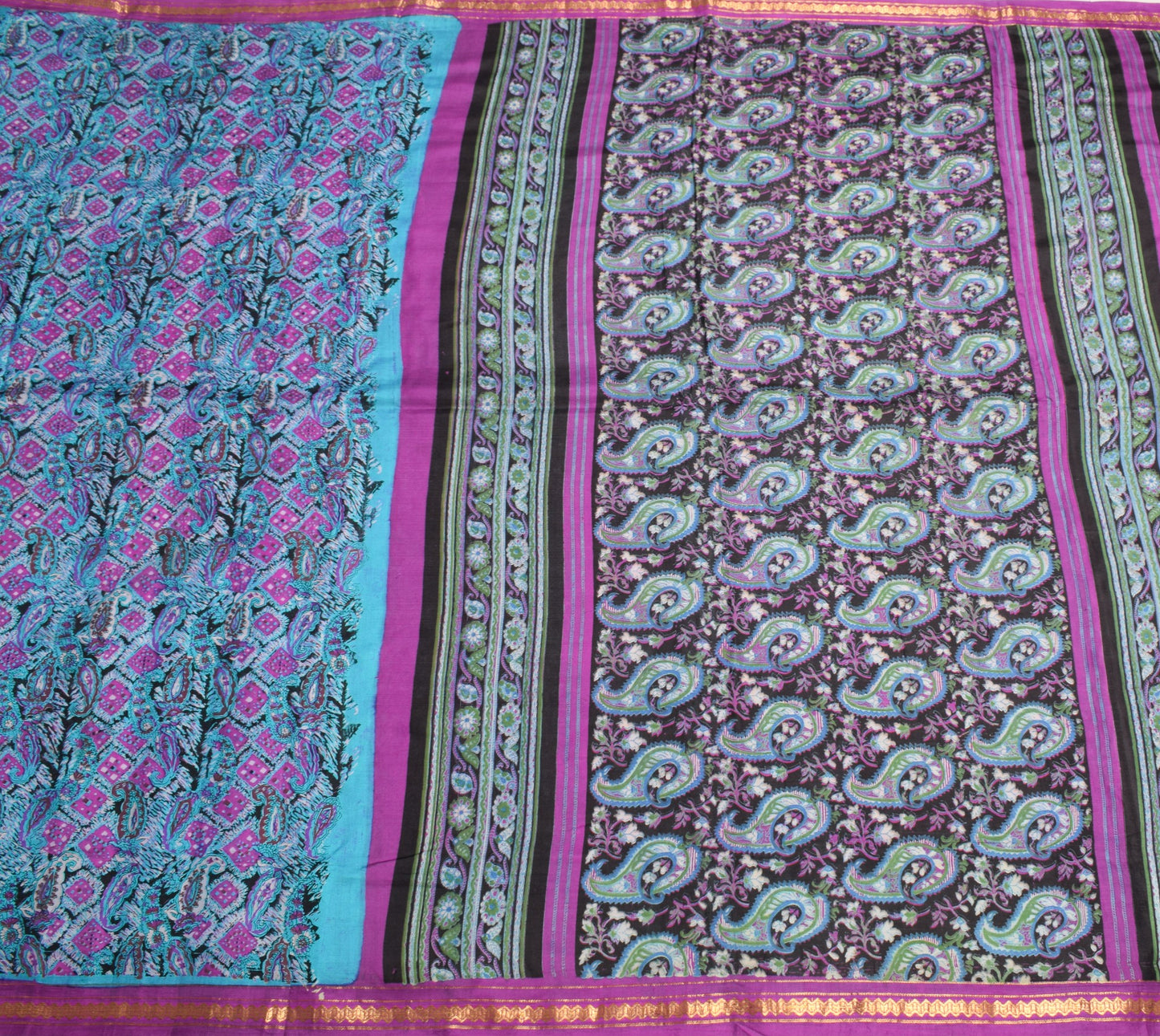 Sushila Vintage Turquoise Blue Saree Pure Silk Printed Paisley Soft Craft Fabric