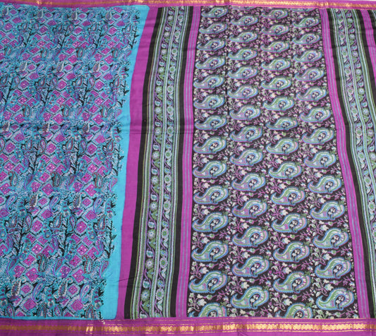 Sushila Vintage Turquoise Blue Saree Pure Silk Printed Paisley Soft Craft Fabric