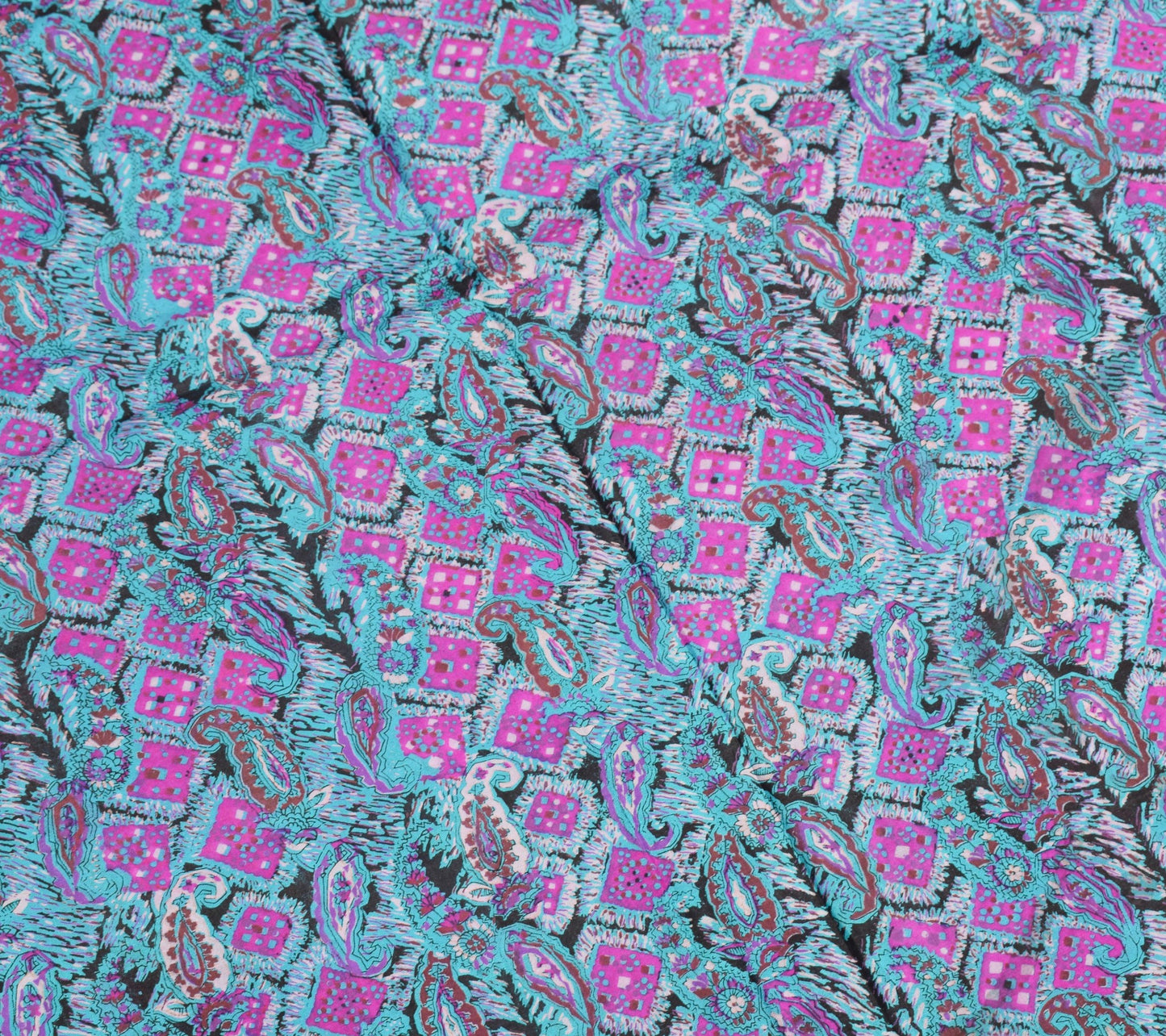 Sushila Vintage Turquoise Blue Saree Pure Silk Printed Paisley Soft Craft Fabric