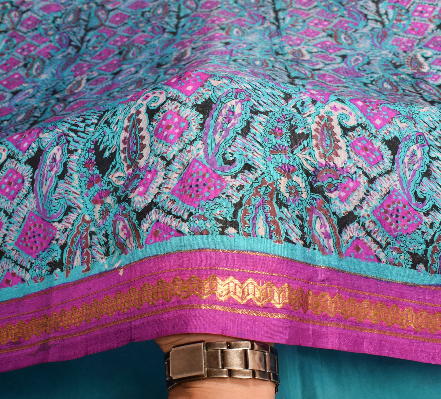 Sushila Vintage Turquoise Blue Saree Pure Silk Printed Paisley Soft Craft Fabric