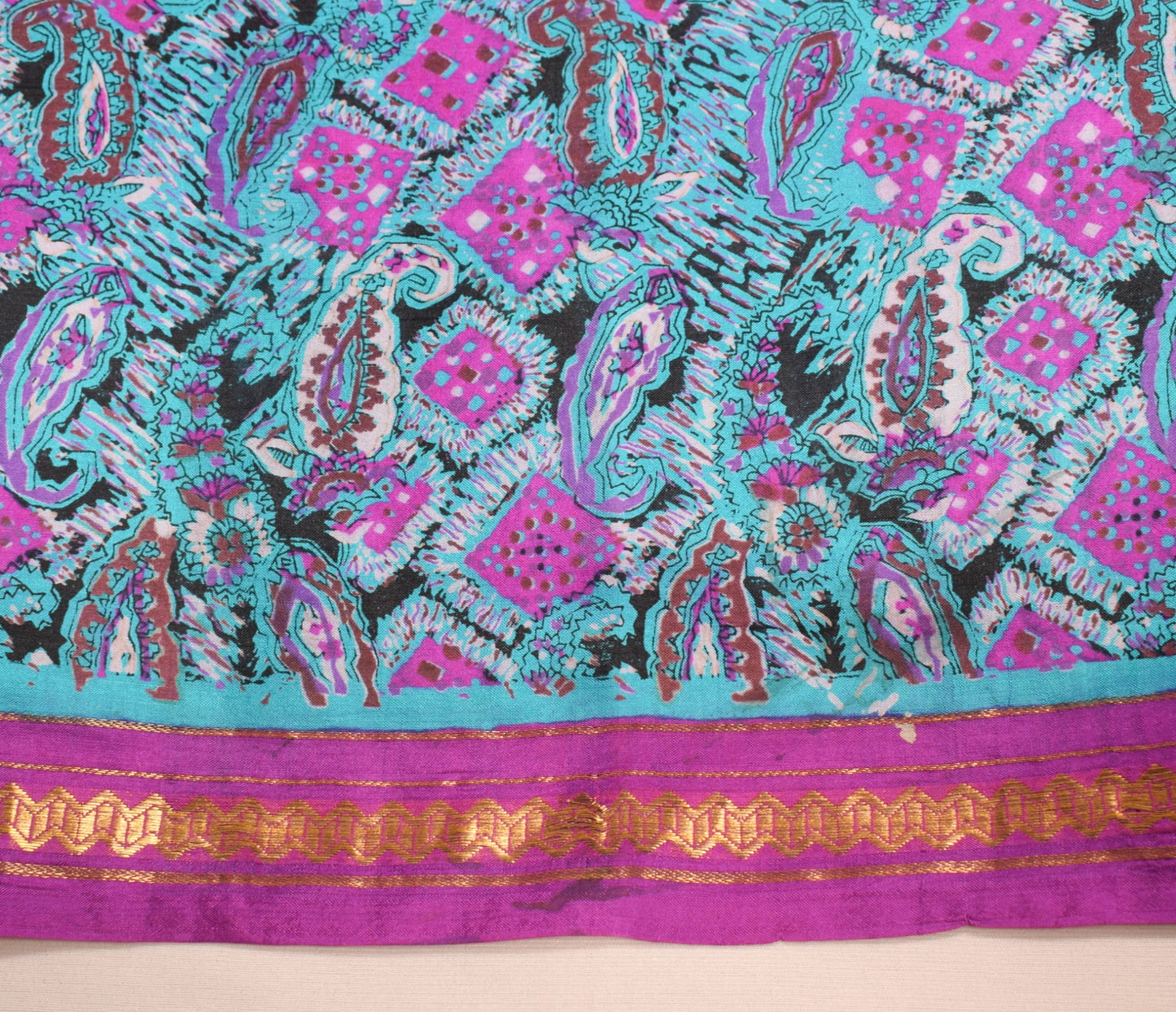 Sushila Vintage Turquoise Blue Saree Pure Silk Printed Paisley Soft Craft Fabric