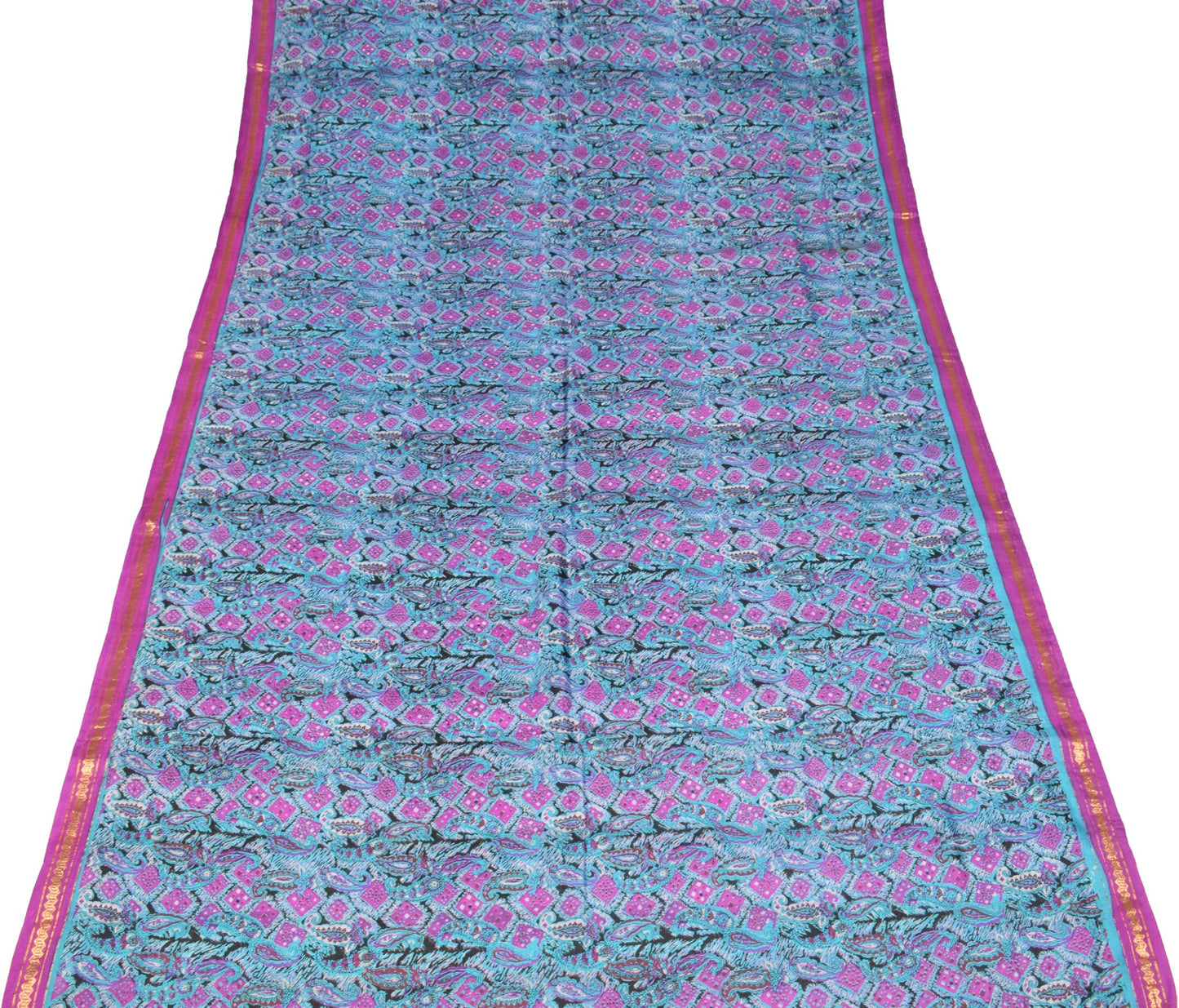 Sushila Vintage Turquoise Blue Saree Pure Silk Printed Paisley Soft Craft Fabric