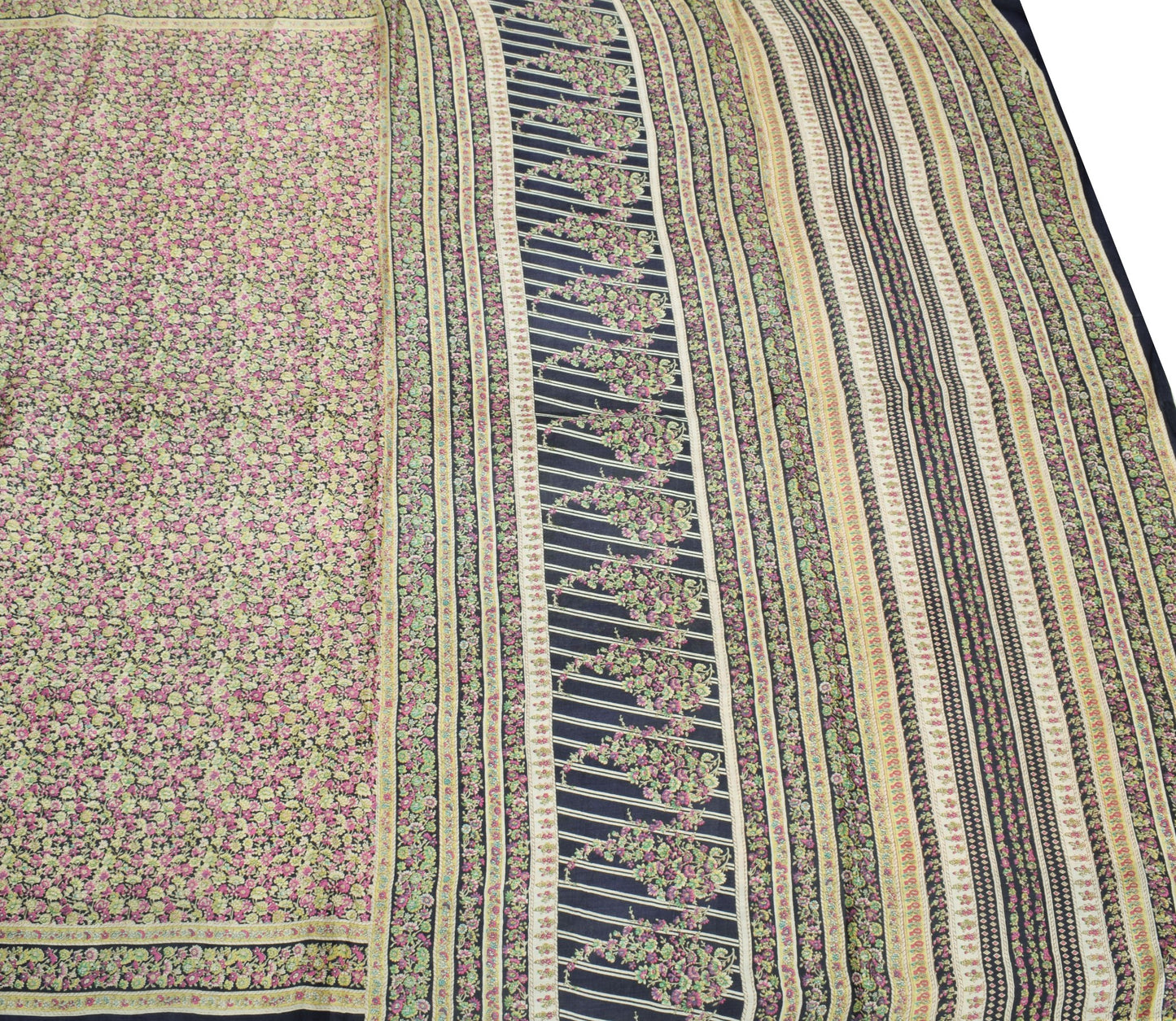 Sushila Vintage Floral Blue Saree 100% Pure Silk Printed 6Yard Soft Craft Fabric