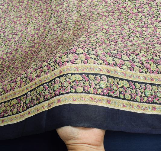 Sushila Vintage Floral Blue Saree 100% Pure Silk Printed 6Yard Soft Craft Fabric