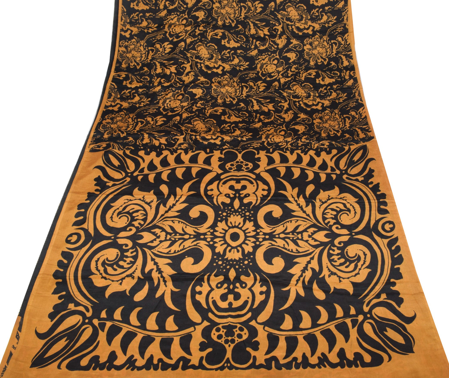 Sushila Vintage Black Mustard Saree 100%Pure Silk Printed Sari Soft Craft Fabric