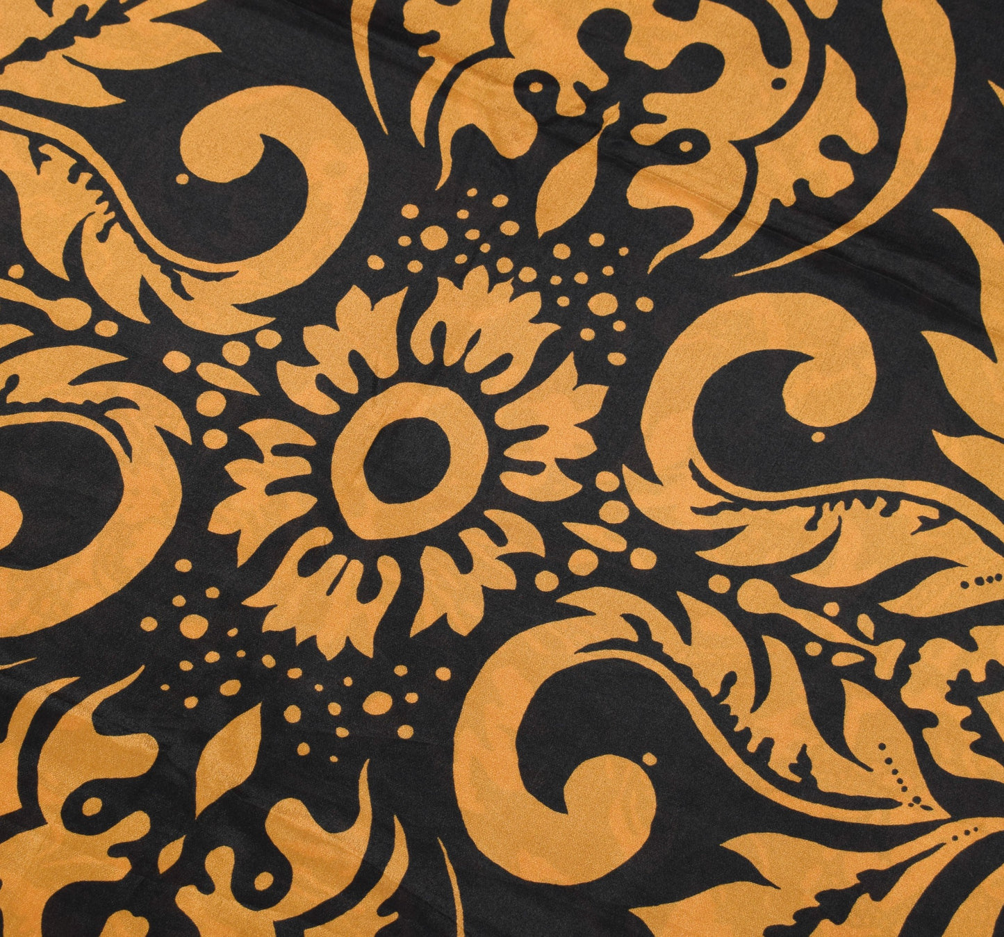 Sushila Vintage Black Mustard Saree 100%Pure Silk Printed Sari Soft Craft Fabric