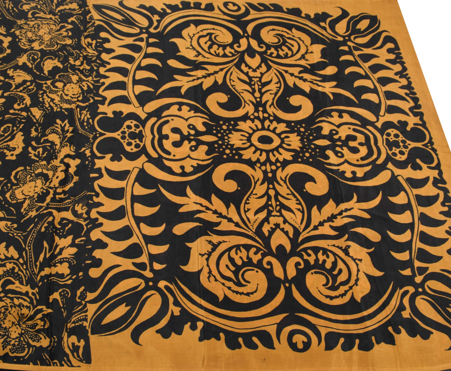 Sushila Vintage Black Mustard Saree 100%Pure Silk Printed Sari Soft Craft Fabric