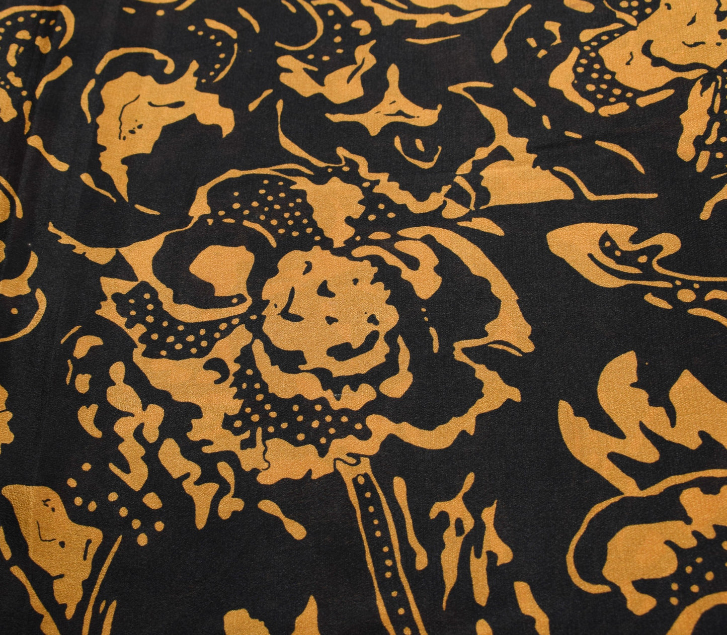 Sushila Vintage Black Mustard Saree 100%Pure Silk Printed Sari Soft Craft Fabric