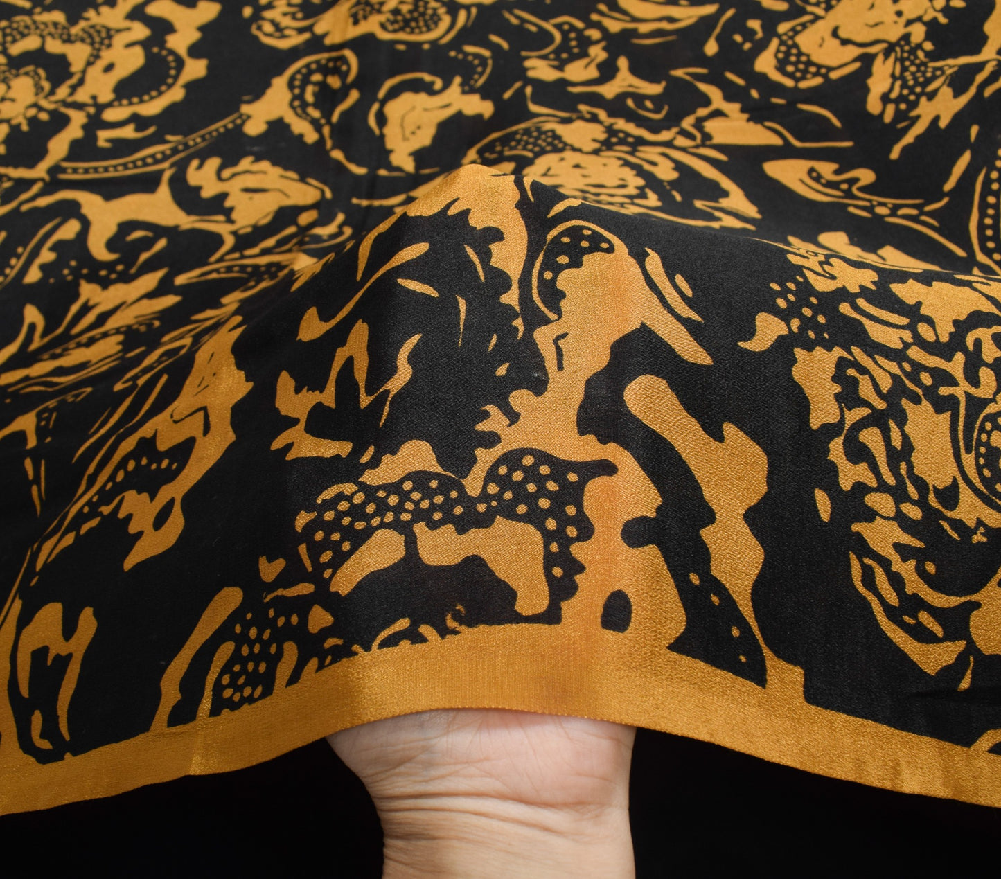 Sushila Vintage Black Mustard Saree 100%Pure Silk Printed Sari Soft Craft Fabric