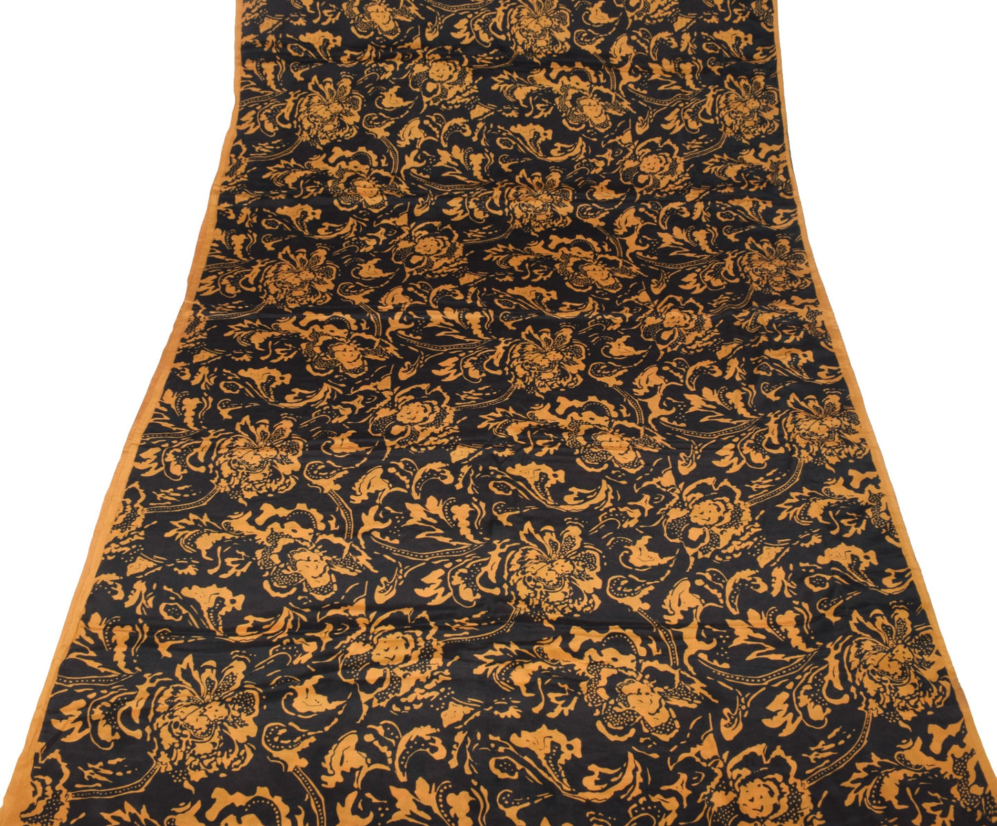 Sushila Vintage Black Mustard Saree 100%Pure Silk Printed Sari Soft Craft Fabric