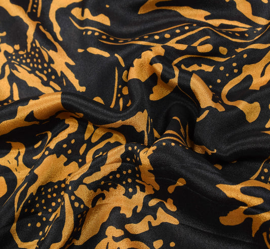Sushila Vintage Black Mustard Saree 100%Pure Silk Printed Sari Soft Craft Fabric