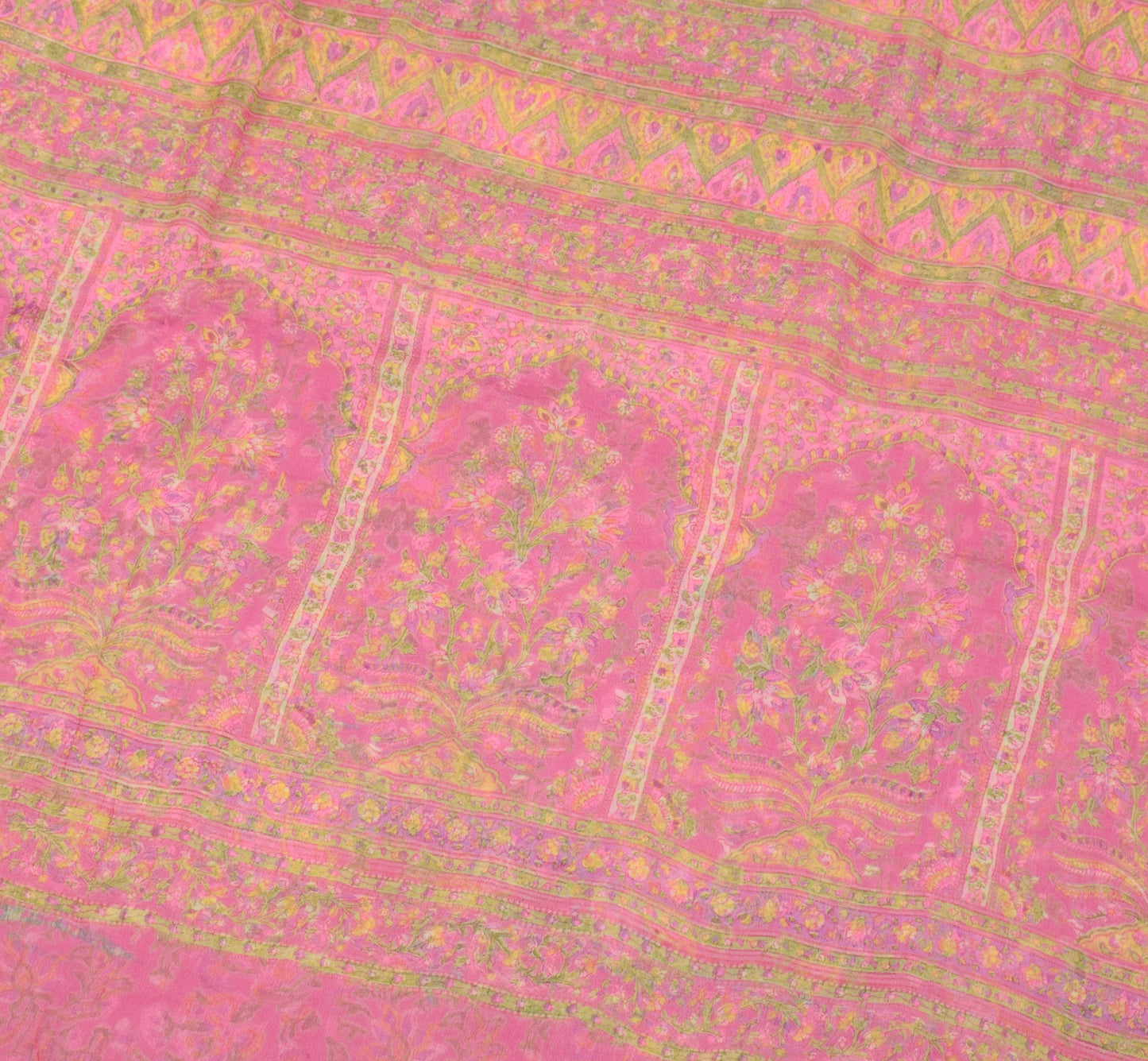 Sushila Vintage Floral Pink Saree Pure Chiffon Silk Printed Soft Craft Fabric