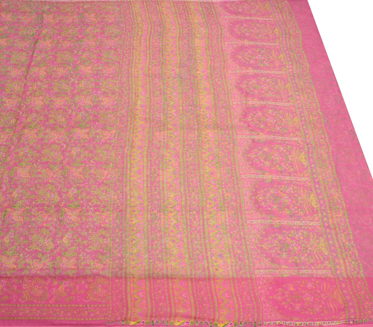Sushila Vintage Floral Pink Saree Pure Chiffon Silk Printed Soft Craft Fabric